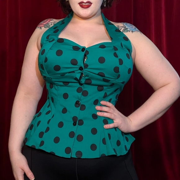 Hell Bunny Tops - Hell Bunny teal and black polka dot retro peplum halter top - S